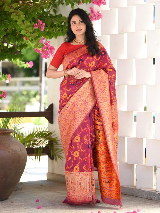 Vestigial Red Pashmina saree With Sempiternal Blouse Piece ClothsVilla