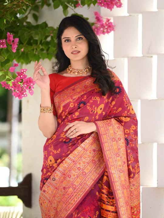 Vestigial Red Pashmina saree With Sempiternal Blouse Piece ClothsVilla