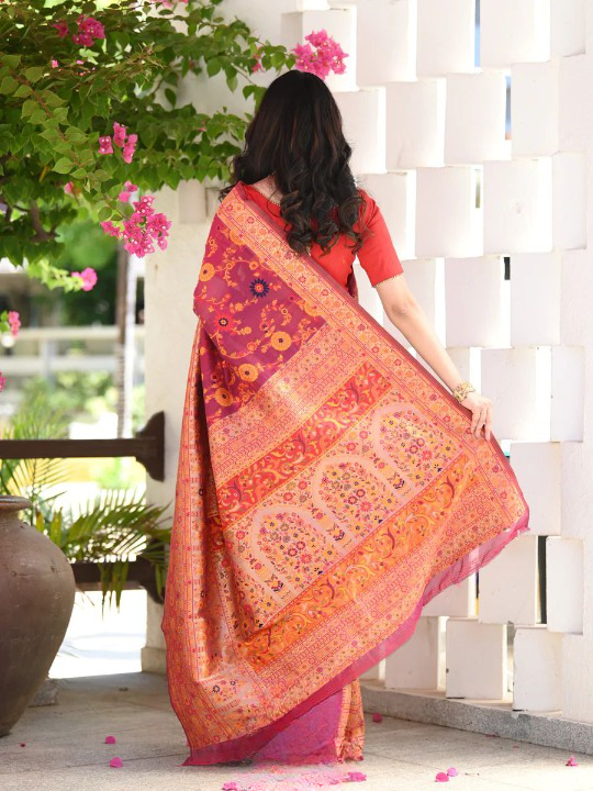 Vestigial Red Pashmina saree With Sempiternal Blouse Piece ClothsVilla