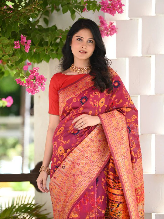 Vestigial Red Pashmina saree With Sempiternal Blouse Piece ClothsVilla