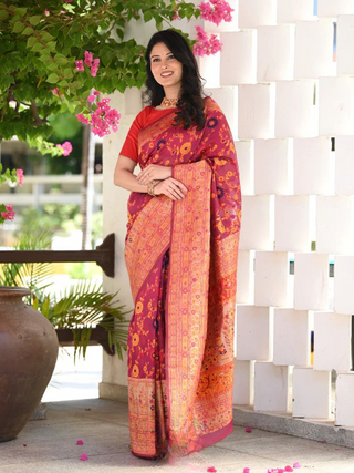 Vestigial Red Pashmina saree With Sempiternal Blouse Piece ClothsVilla
