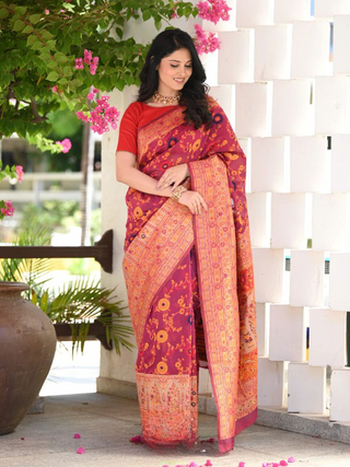 Vestigial Red Pashmina saree With Sempiternal Blouse Piece ClothsVilla