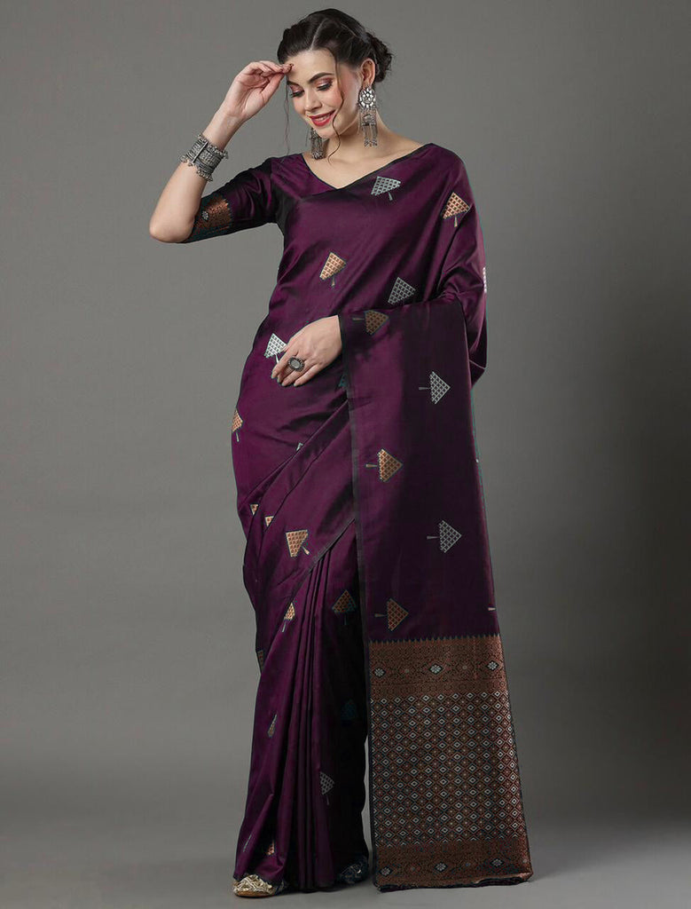 Demanding Wine Soft Silk Saree With Ideal Blouse Piece ClothsVilla