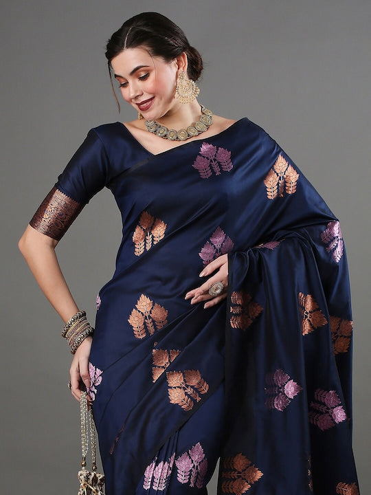 Pleasurable Navy Blue Soft Silk Saree With Woebegone Blouse Piece ClothsVilla