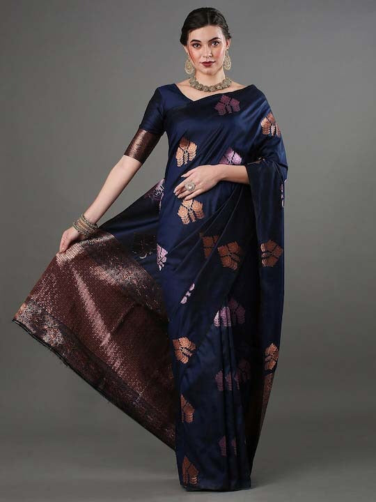 Pleasurable Navy Blue Soft Silk Saree With Woebegone Blouse Piece ClothsVilla