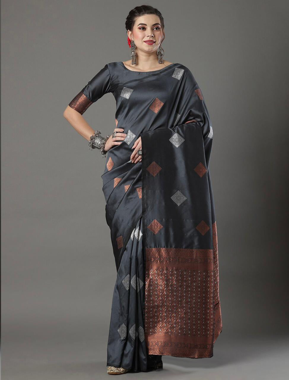 Scintilla Grey Soft Silk Saree With Petrichor Blouse Piece ClothsVilla