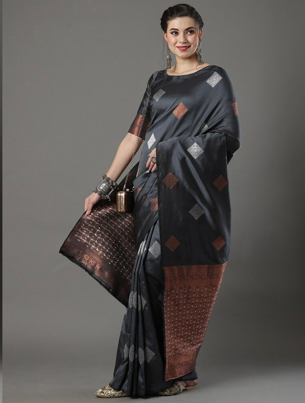 Scintilla Grey Soft Silk Saree With Petrichor Blouse Piece ClothsVilla