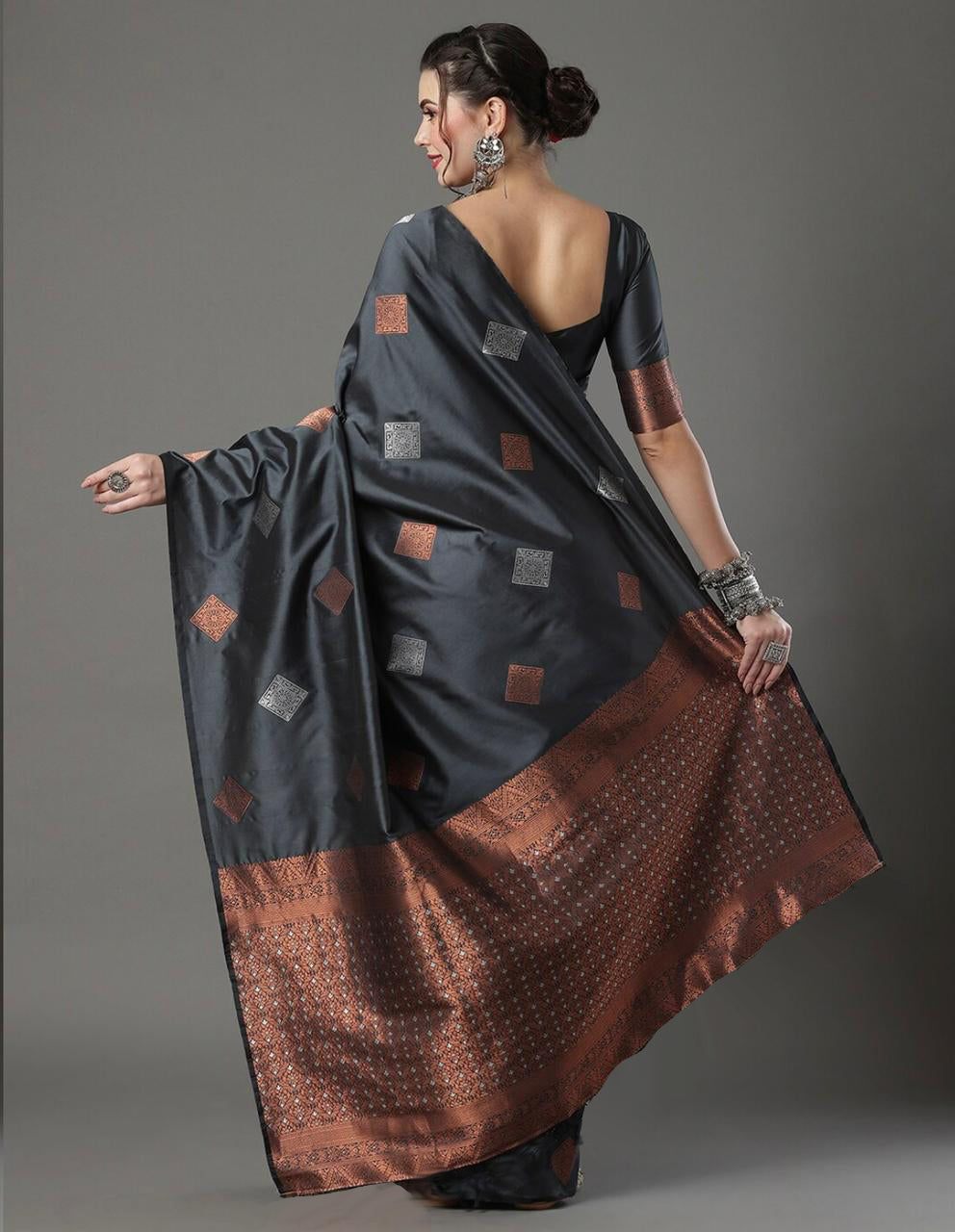 Scintilla Grey Soft Silk Saree With Petrichor Blouse Piece ClothsVilla