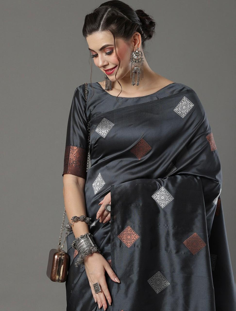 Scintilla Grey Soft Silk Saree With Petrichor Blouse Piece ClothsVilla