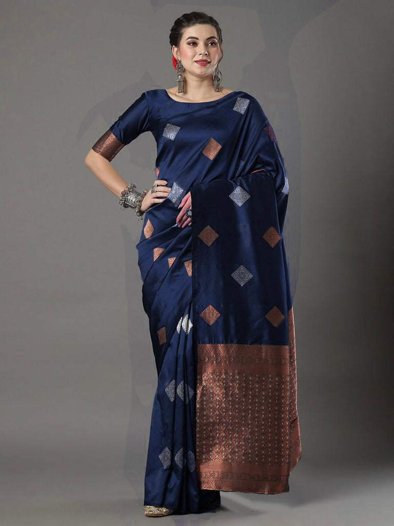 Navy Blue Saree in Soft Silk for wedding - Clothsvilla