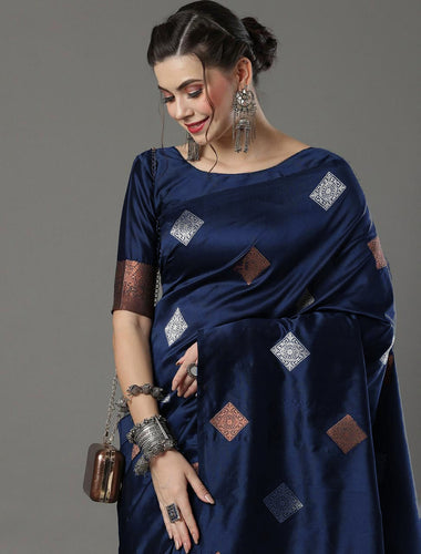 Imbrication Navy Blue Soft Silk Saree With Evanescent Blouse Piece ClothsVilla