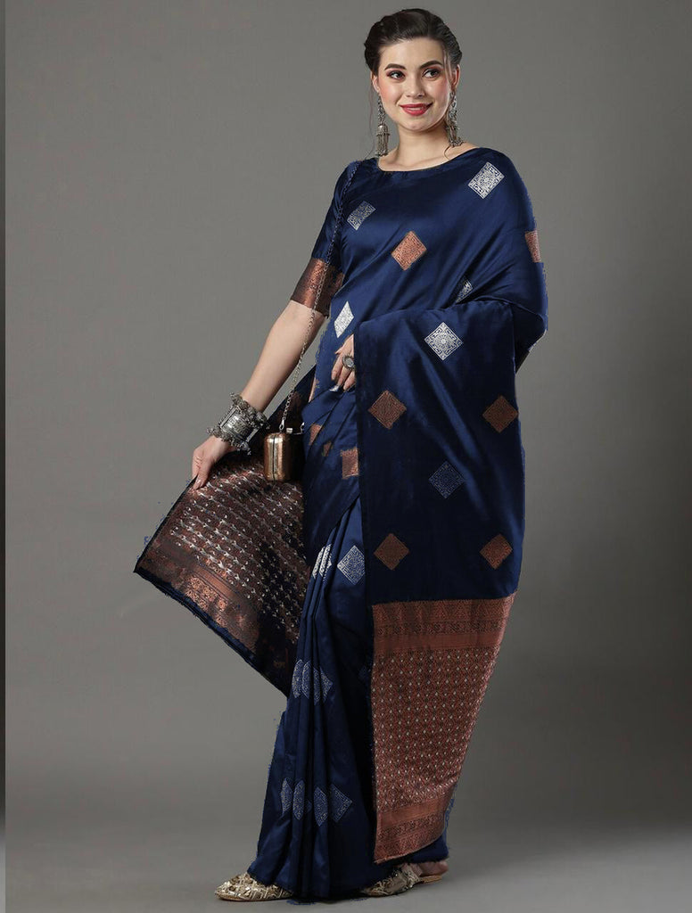 Imbrication Navy Blue Soft Silk Saree With Evanescent Blouse Piece ClothsVilla