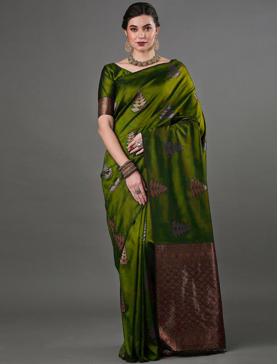 Intricate Mahndi Soft Silk Saree With Hypnotic Blouse Piece ClothsVilla Main image