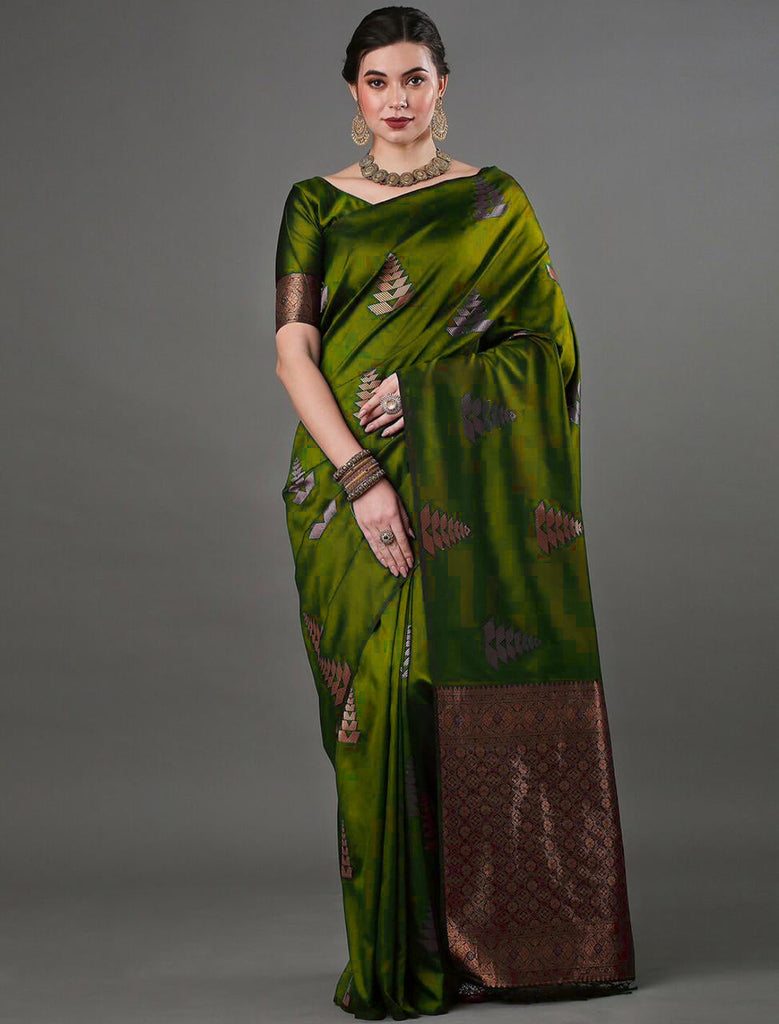 Intricate Mahndi Soft Silk Saree With Hypnotic Blouse Piece ClothsVilla
