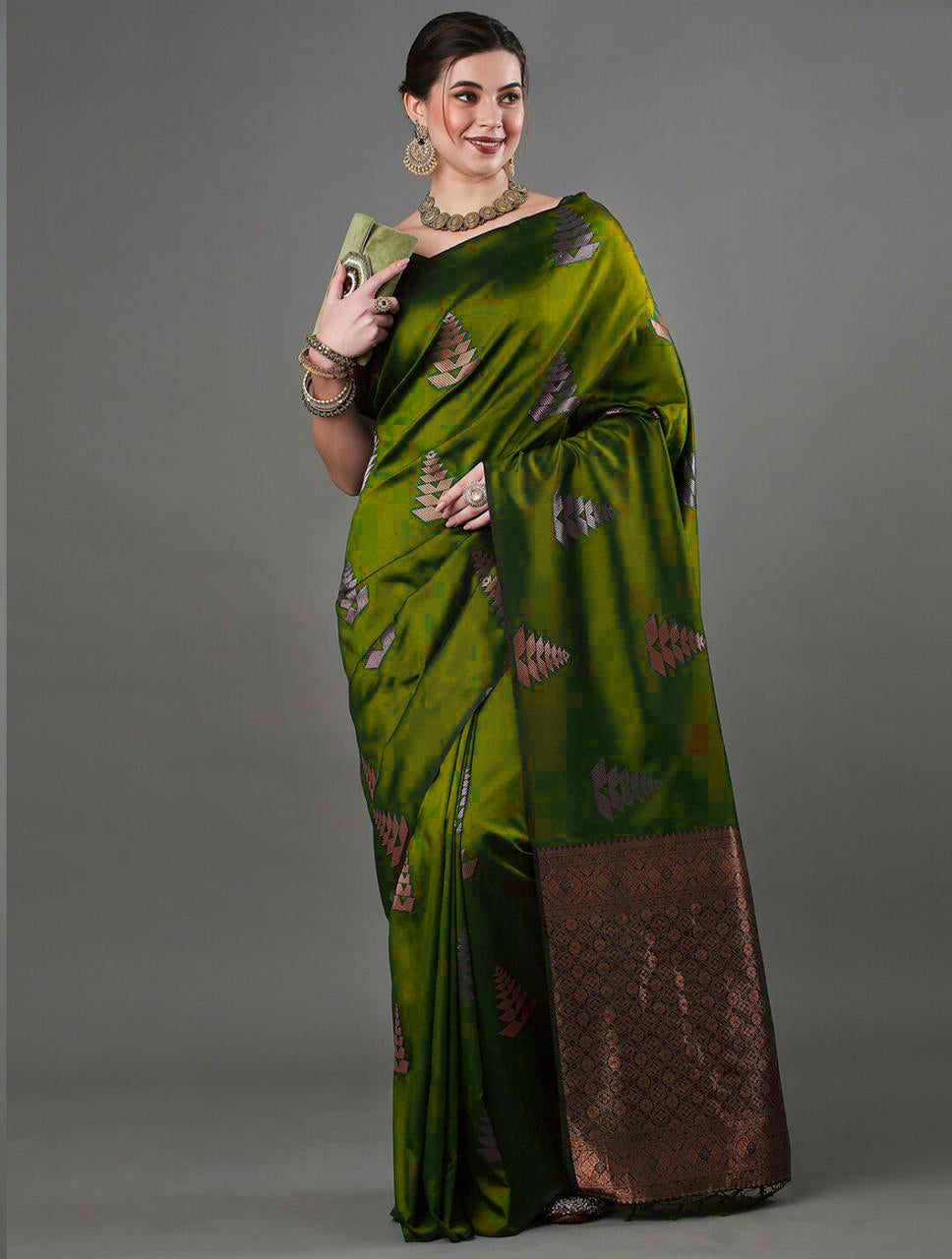 Intricate Mahndi Soft Silk Saree With Hypnotic Blouse Piece ClothsVilla