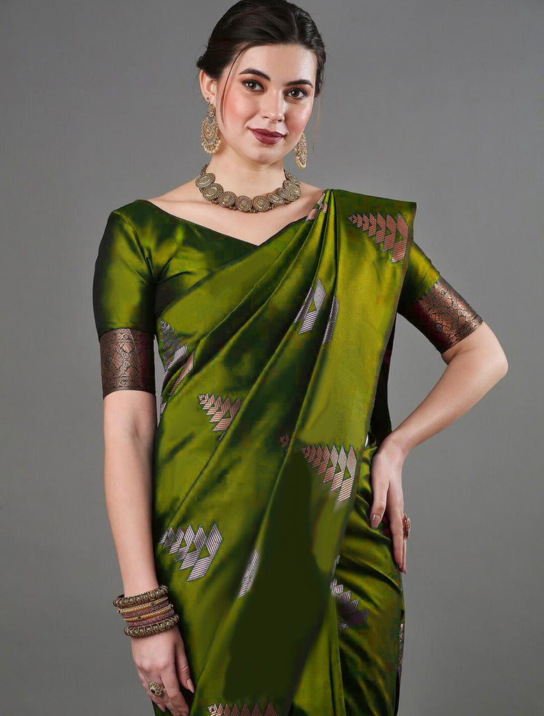 Intricate Mahndi Soft Silk Saree With Hypnotic Blouse Piece ClothsVilla