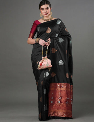 Mesmerising Black Soft Silk Saree With Sophisticated Blouse Piece ClothsVilla