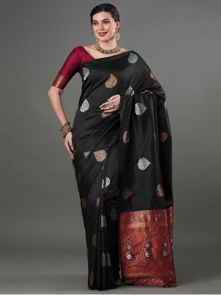 Mesmerising Black Soft Silk Saree With Sophisticated Blouse Piece ClothsVilla