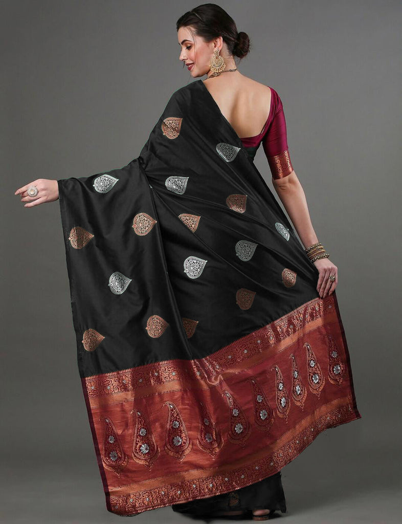 Mesmerising Black Soft Silk Saree With Sophisticated Blouse Piece ClothsVilla