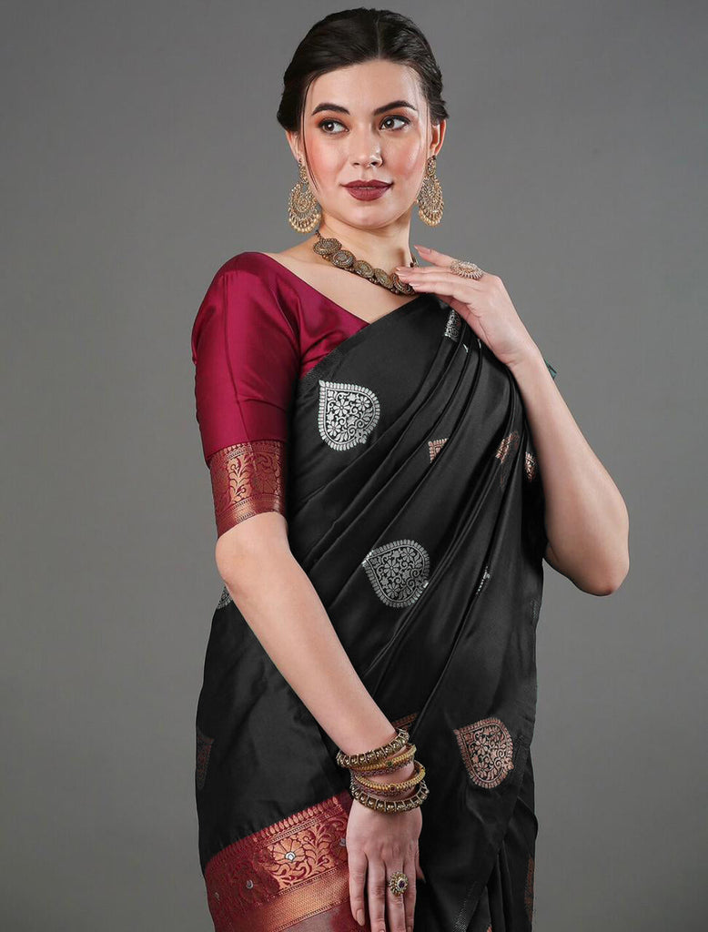 Mesmerising Black Soft Silk Saree With Sophisticated Blouse Piece ClothsVilla