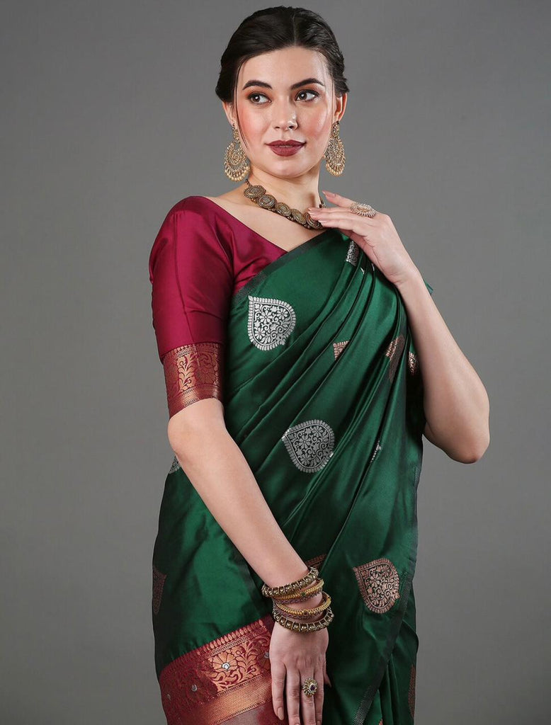 Bottle Green Saree in Soft Silk - Clothsvilla