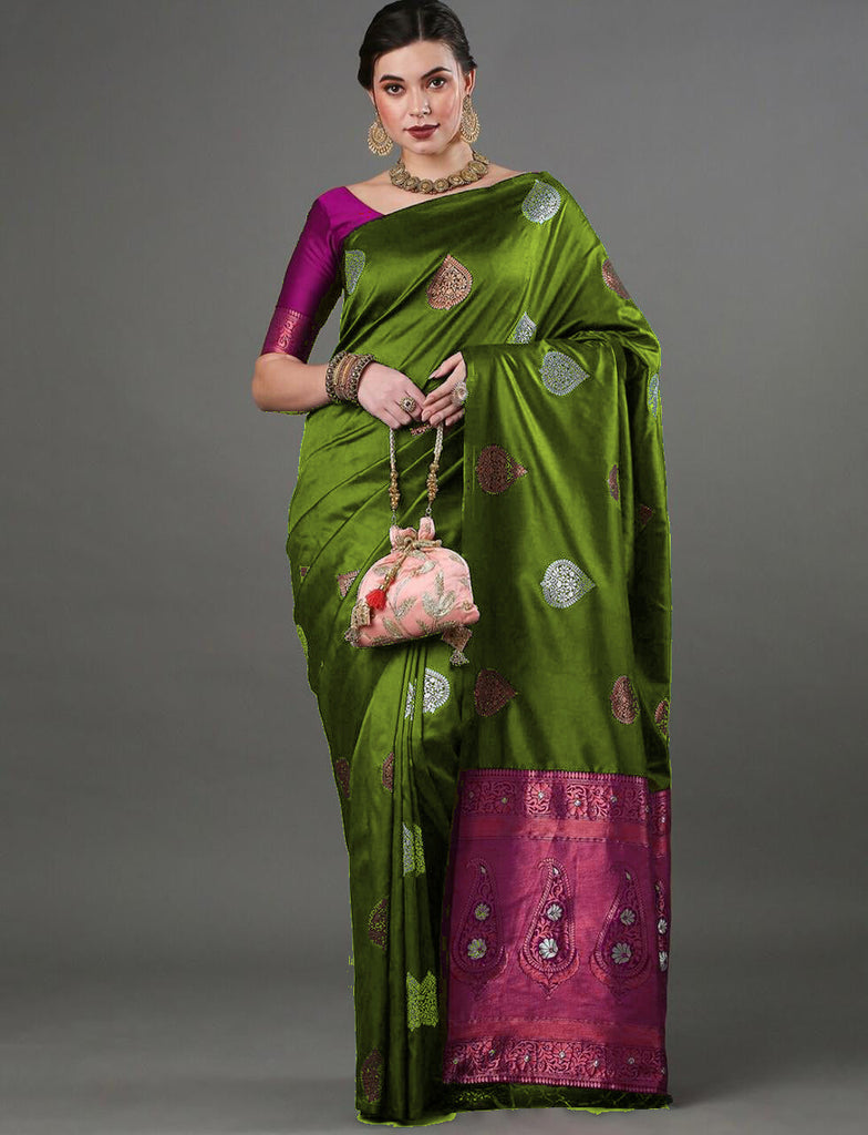 Smart Mahndi Soft Silk Saree With Staring Blouse Piece ClothsVilla