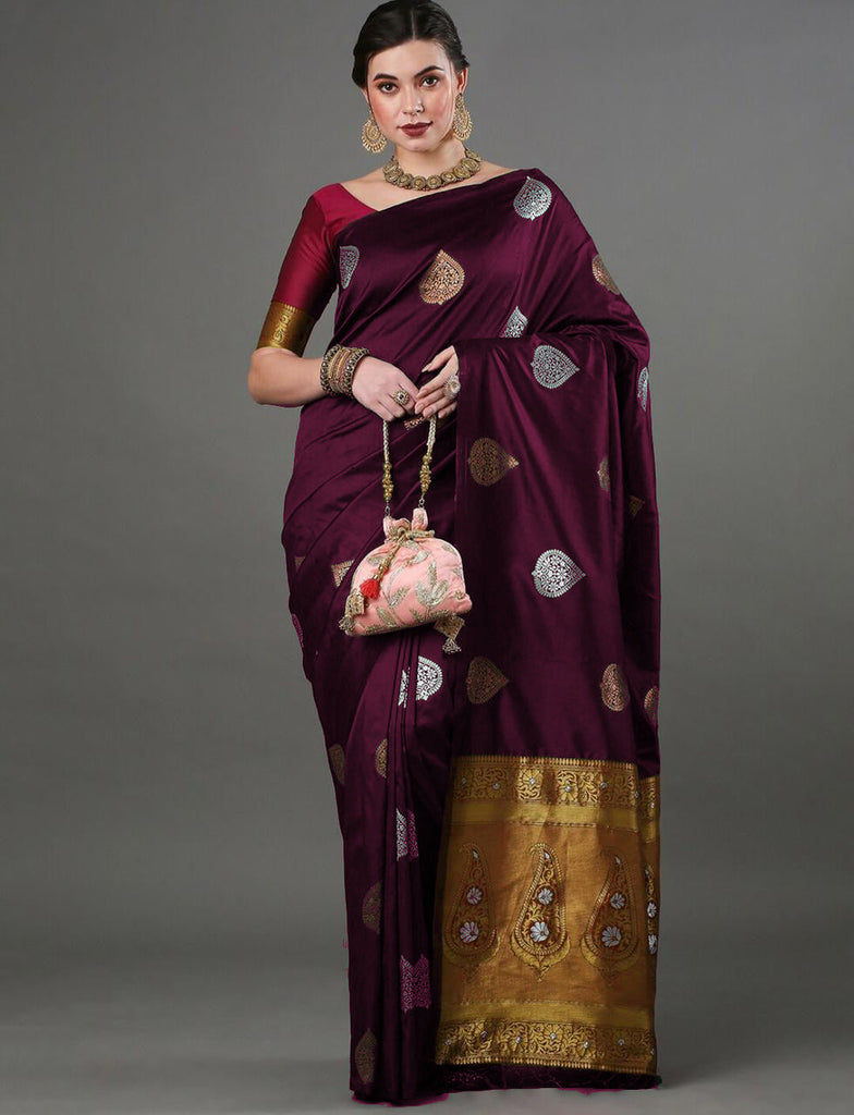 Mesmerising Wine Soft Silk Saree With Alluring Blouse Piece ClothsVilla