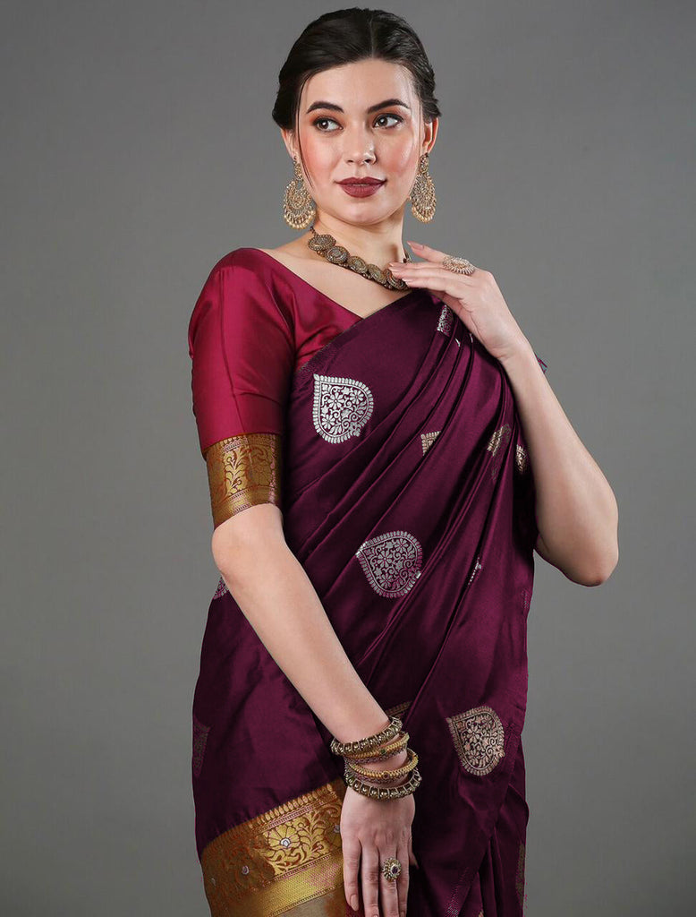 Mesmerising Wine Soft Silk Saree With Alluring Blouse Piece ClothsVilla