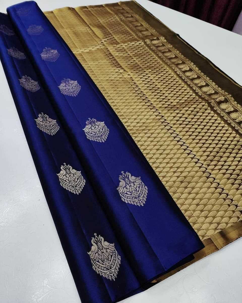 Arresting Navy Blue Soft Silk Saree With Captivating Blouse Piece ClothsVilla Main image