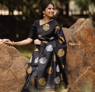 Captivating Black Soft Silk Saree With Majesty Blouse Piece ClothsVilla