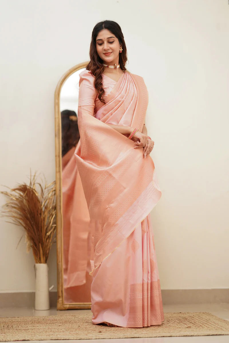 Angelic Baby Pink Soft Silk Saree With Assemblage Blouse Piece ClothsVilla