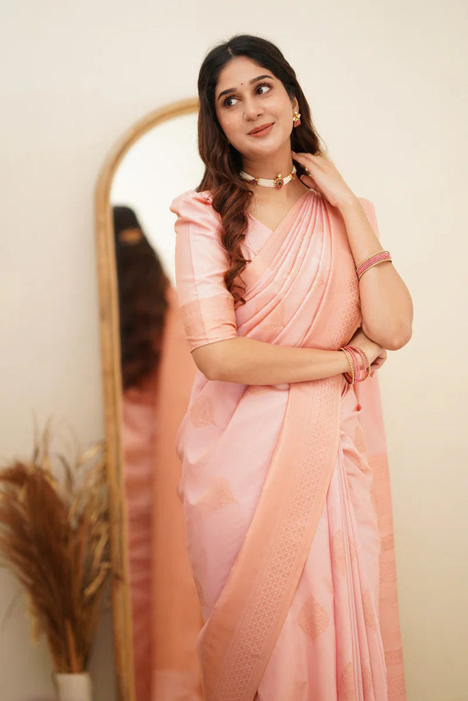 Angelic Baby Pink Soft Silk Saree With Assemblage Blouse Piece ClothsVilla