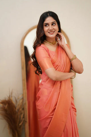 Desultory Peach Soft Silk Saree With Eloquence Blouse Piece ClothsVilla