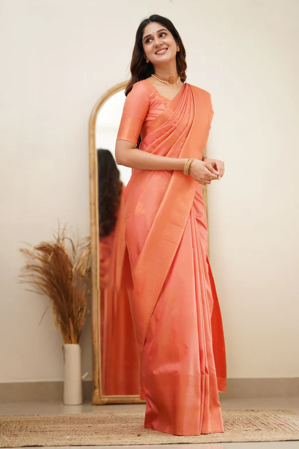 Desultory Peach Soft Silk Saree With Eloquence Blouse Piece ClothsVilla