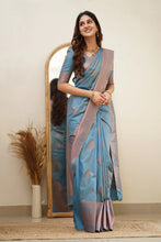 Load image into Gallery viewer, Lagniappe Sky Soft Silk Saree With Murmurous Blouse Piece ClothsVilla