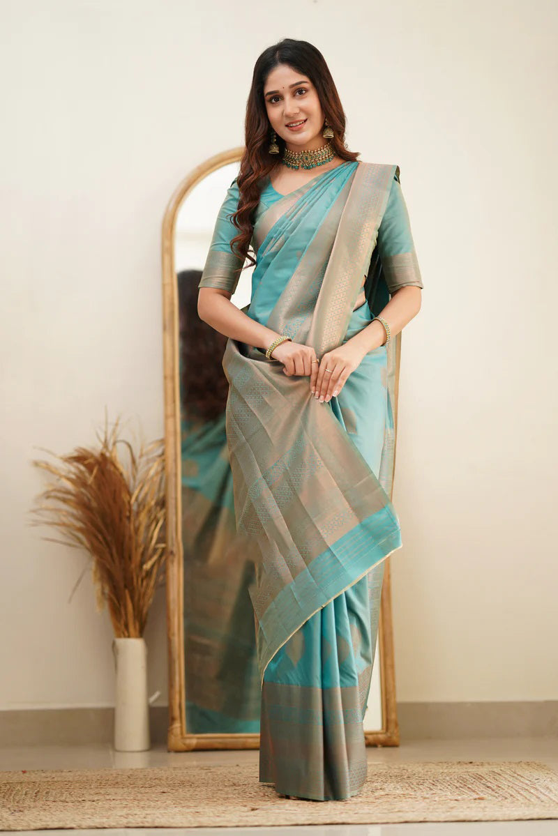 Scintilla Turquoise Soft Silk Saree With Vestigial Blouse Piece ClothsVilla Main image