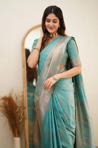 Scintilla Turquoise Soft Silk Saree With Vestigial Blouse Piece ClothsVilla