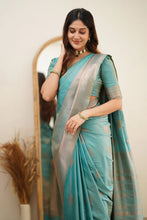 Load image into Gallery viewer, Scintilla Turquoise Soft Silk Saree With Vestigial Blouse Piece ClothsVilla