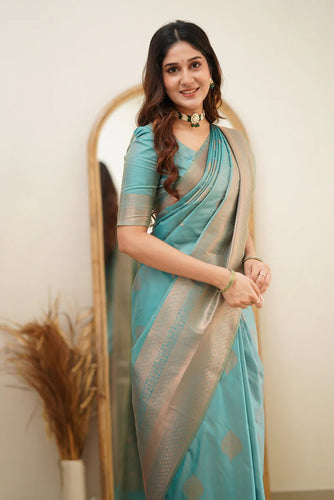 Scintilla Turquoise Soft Silk Saree With Vestigial Blouse Piece ClothsVilla
