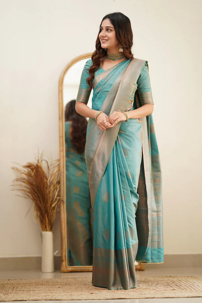 Scintilla Turquoise Soft Silk Saree With Vestigial Blouse Piece ClothsVilla