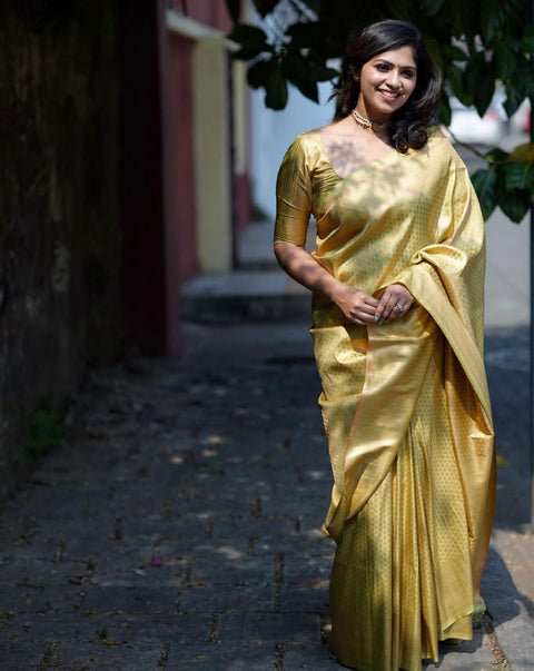 Elaborate Yellow Soft Silk Saree With Proficient Blouse Piece ClothsVilla Main image