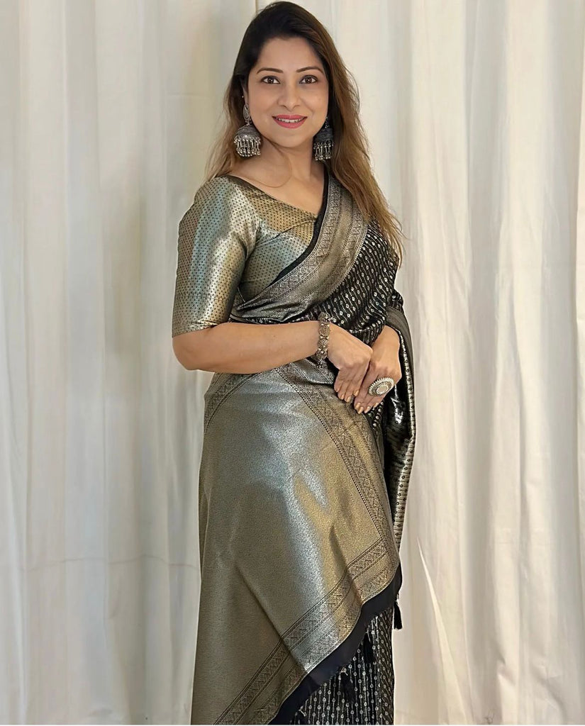 Tremendous Black Soft Silk Saree With Super Proficient Blouse Piece ClothsVilla