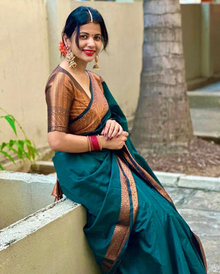 Snazzy Rama Soft Silk Saree With Magnetic Blouse Piece ClothsVilla