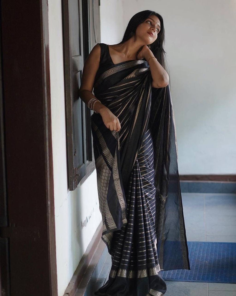Trendy Black Soft Silk Saree With Precious Blouse Piece ClothsVilla
