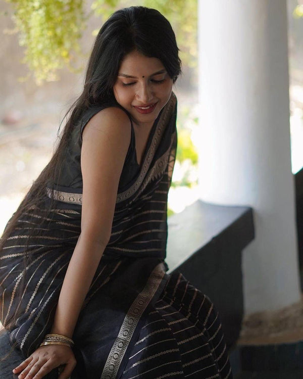 Trendy Black Soft Silk Saree With Precious Blouse Piece ClothsVilla