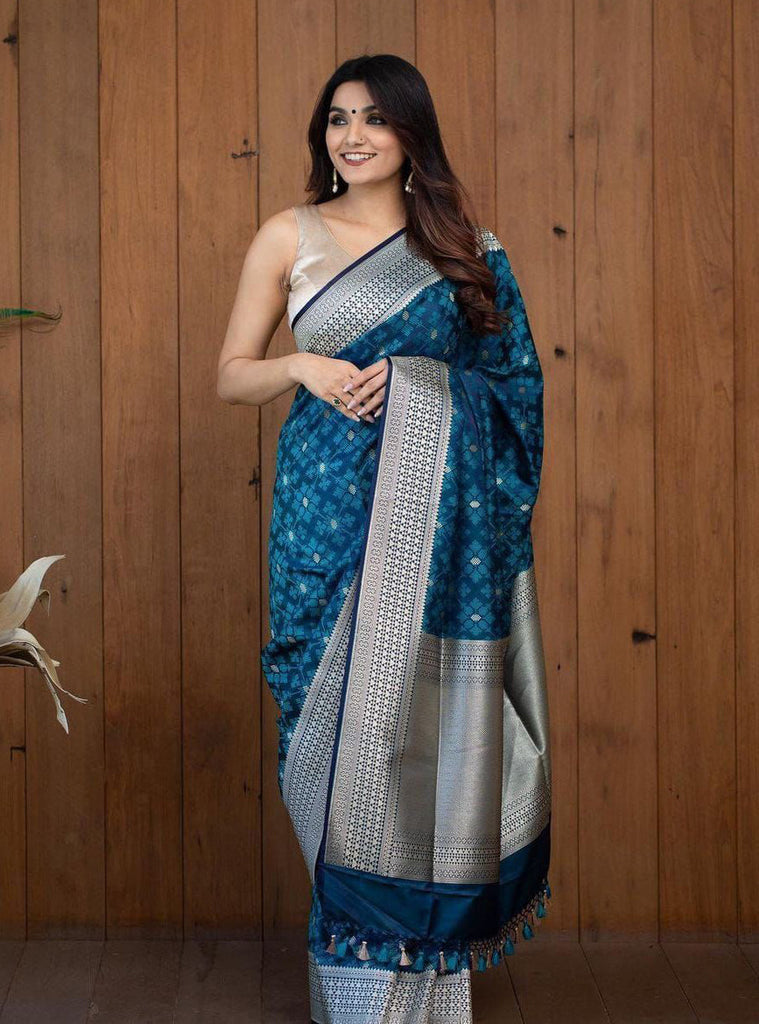 Girlish Teal Blue Soft Silk Saree With Impressive Blouse Piece ClothsVilla