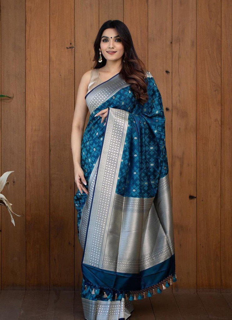 Girlish Teal Blue Soft Silk Saree With Impressive Blouse Piece ClothsVilla