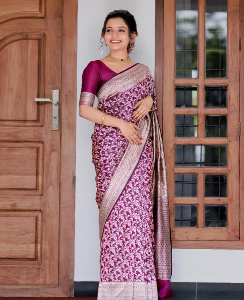 Prodigal Purple Soft Silk Saree With Elaborate Blouse Piece ClothsVilla