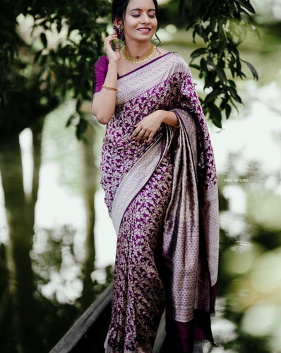 Prodigal Purple Soft Silk Saree With Elaborate Blouse Piece ClothsVilla