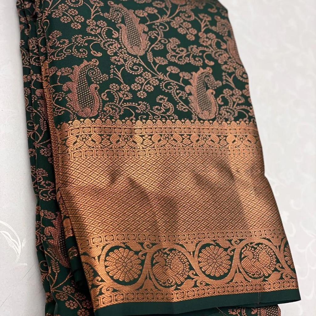 Woebegone Dark Green Soft Silk Saree With Serendipity Blouse Piece ClothsVilla